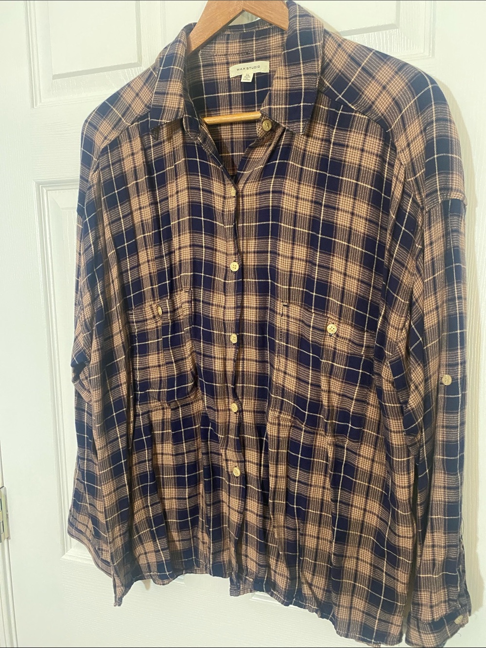 MaxStudio Plaid Button-up  Shirt long sleeve with roll tab cuffs oversized